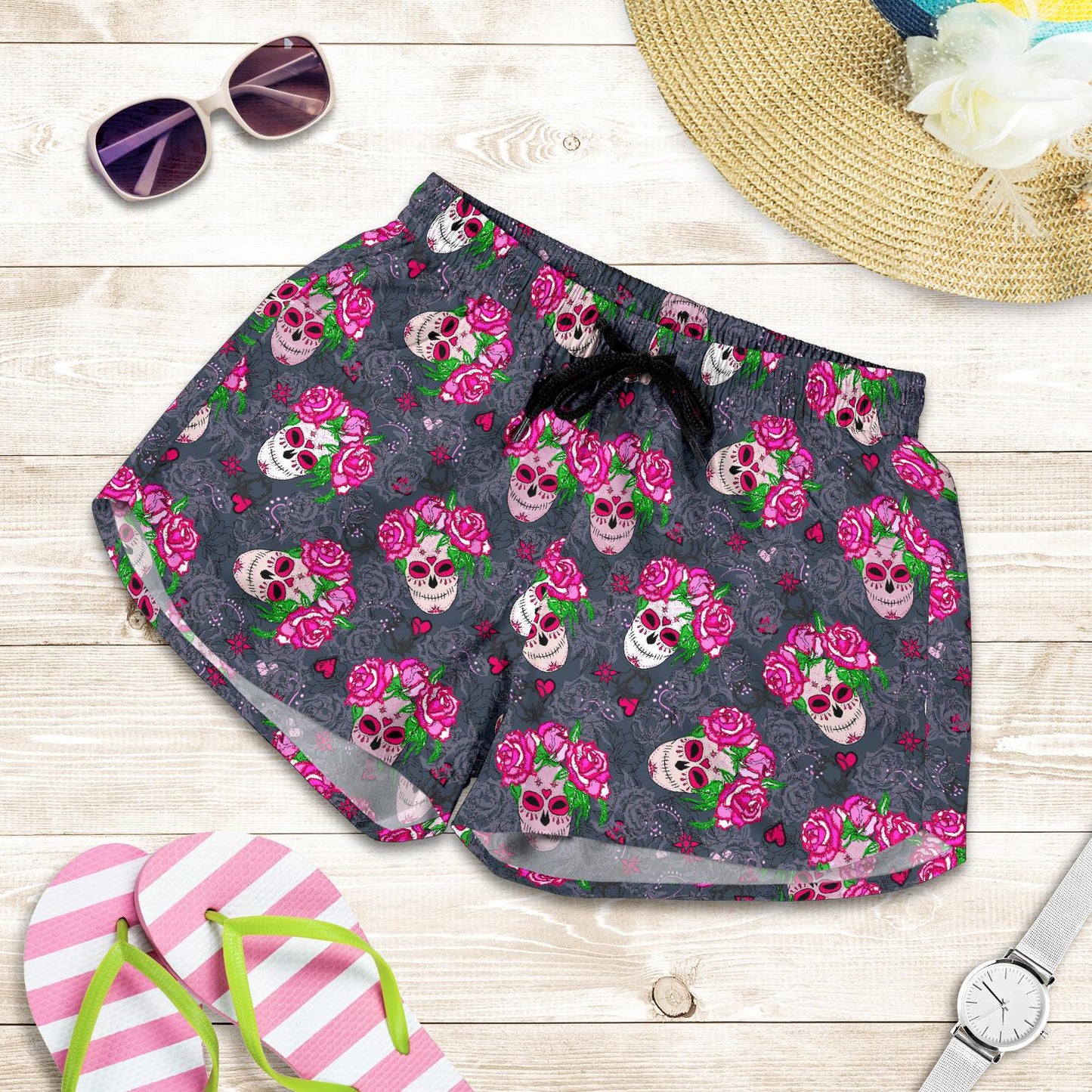 Sugar Skull Pink Rose Themed Print Women Shorts-JTAMIGO.COM