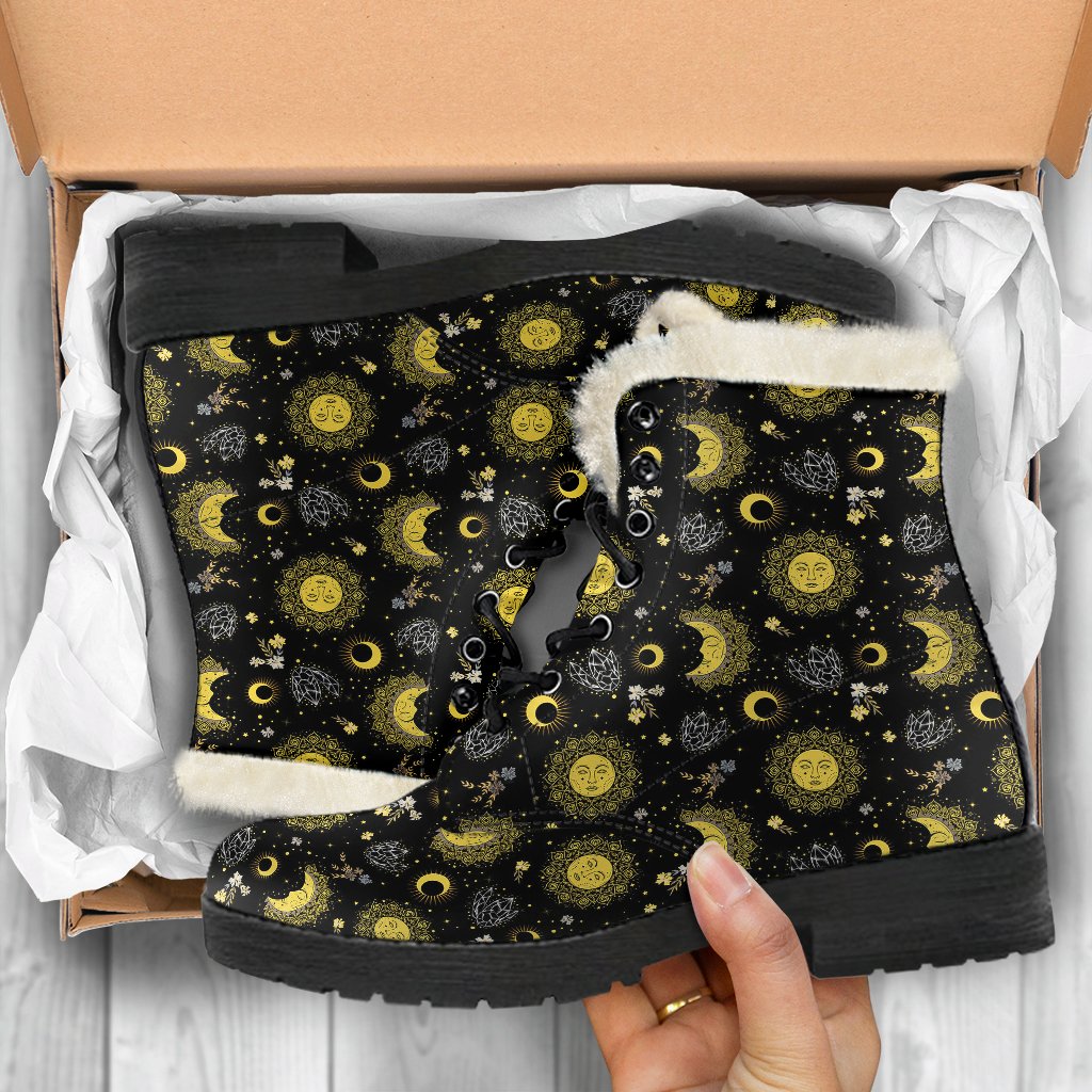 Sun Moon Golden Design Themed Print Faux Fur Leather Boots-JTAMIGO.COM