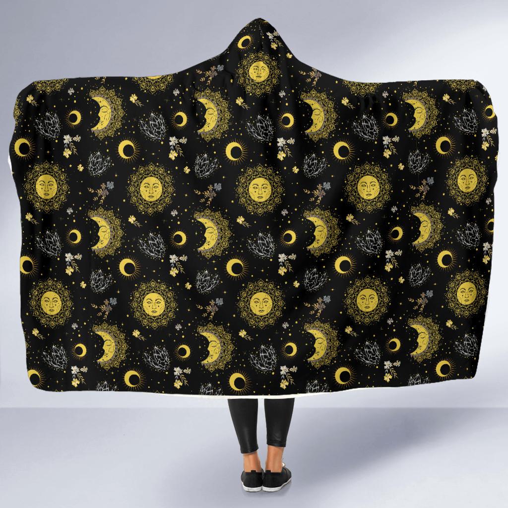 Sun Moon Golden Design Themed Print Hooded Blanket-JTAMIGO.COM