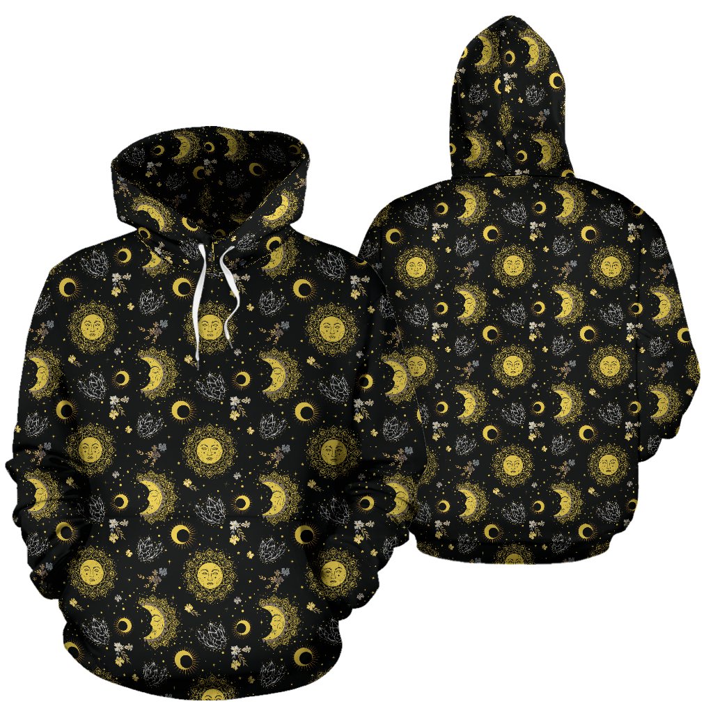 Sun Moon Golden Design Themed Print Pullover Hoodie