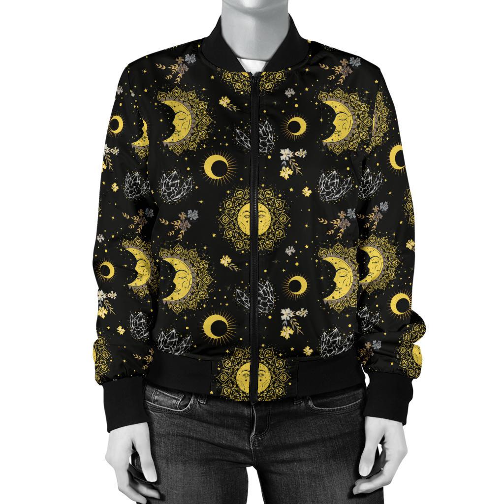 Sun Moon Golden Design Themed Print Women Casual Bomber Jacket