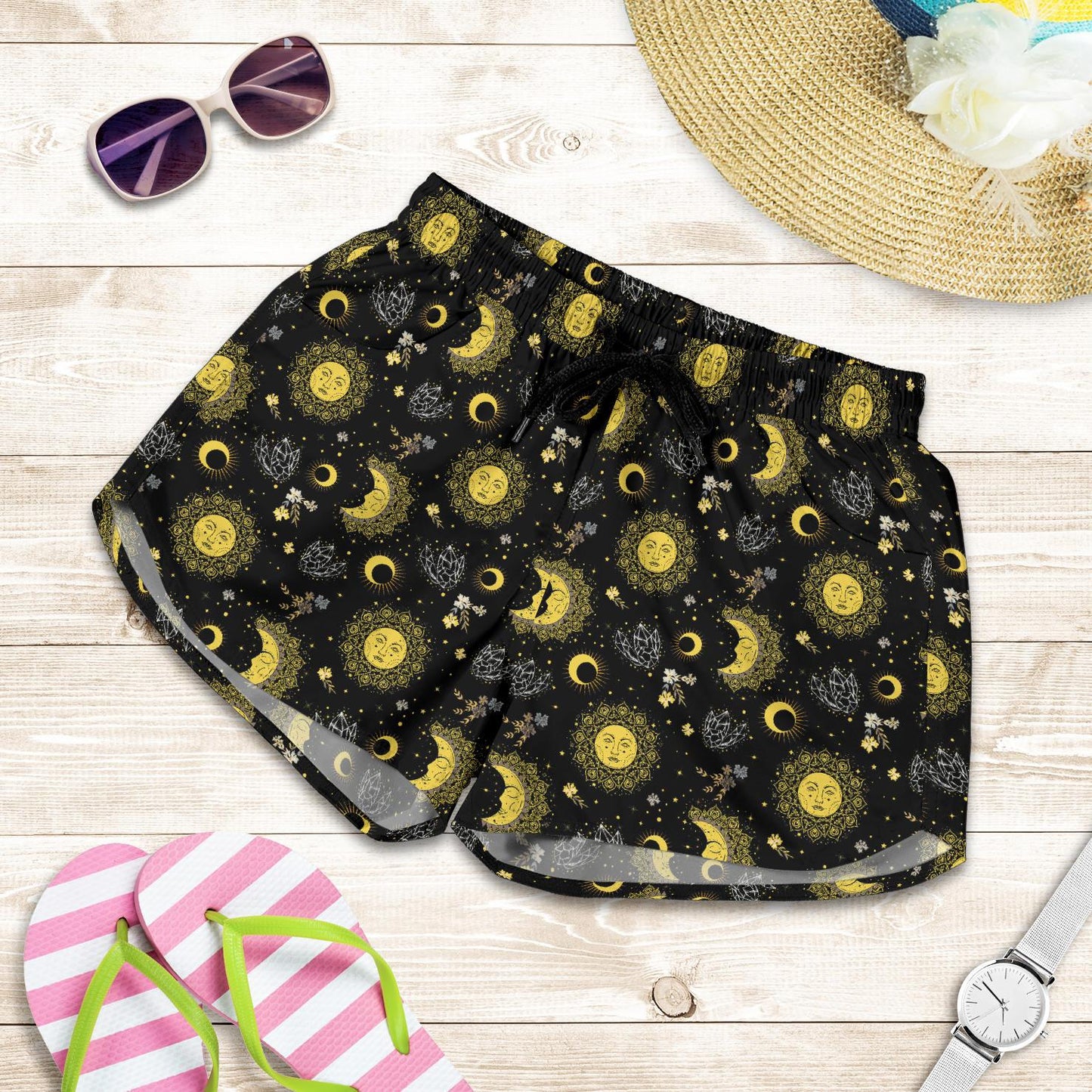 Sun Moon Golden Design Themed Print Women Shorts-JTAMIGO.COM