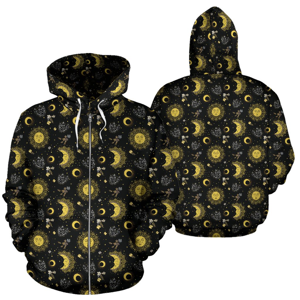 Sun Moon Golden Design Themed Print Zip Up Hoodie