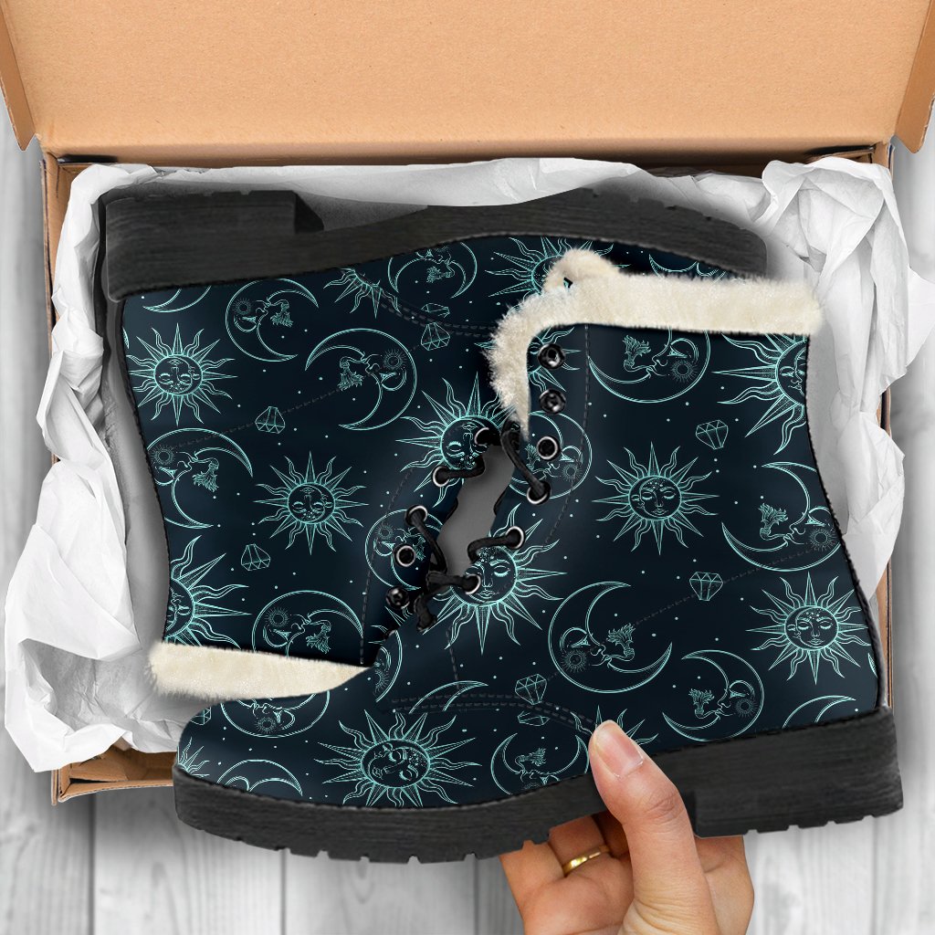 Sun Moon Magic Design Themed Print Faux Fur Leather Boots-JTAMIGO.COM