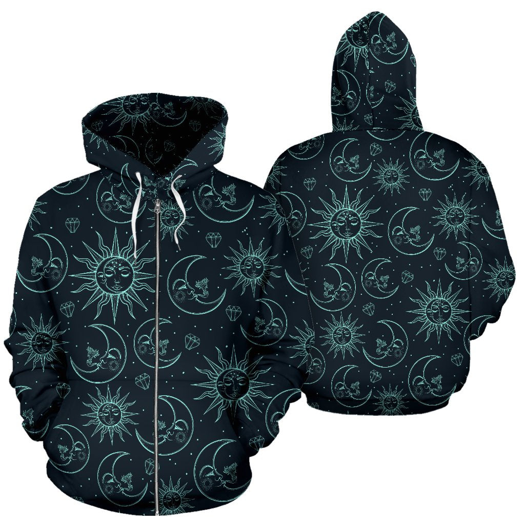 Sun Moon Magic Design Themed Print Zip Up Hoodie