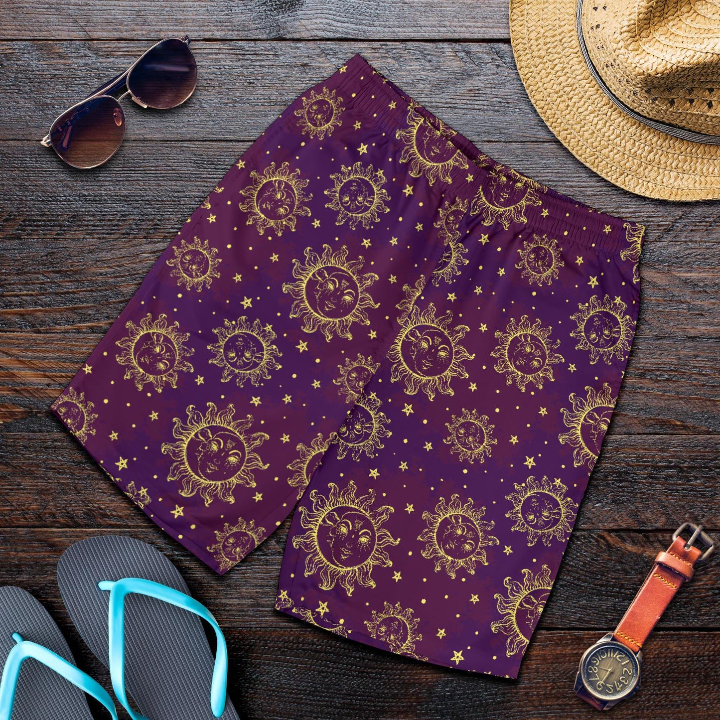 Sun Moon Star Design Themed Print Mens Shorts-JTAMIGO.COM