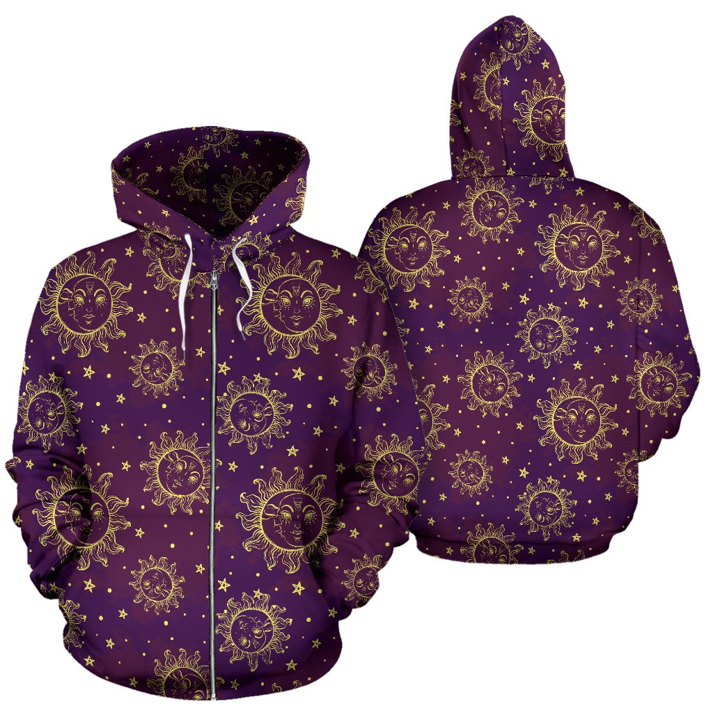 Sun Moon Star Design Themed Print Zip Up Hoodie