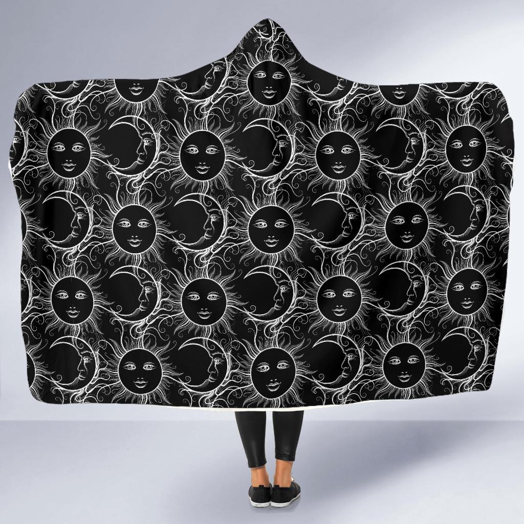 Sun Moon White Design Themed Print Hooded Blanket-JTAMIGO.COM