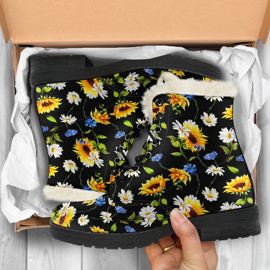 Sunflower Chamomile Bright Color Print Faux Fur Leather Boots-JTAMIGO.COM