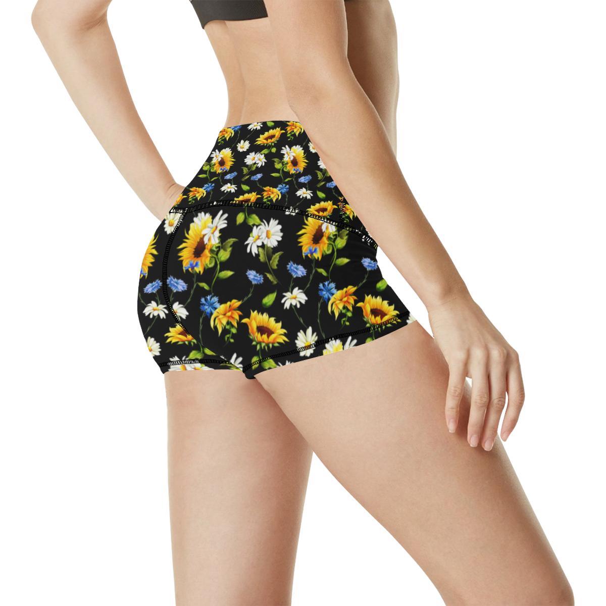 Sunflower Chamomile Bright Color Print High Waisted Spandex Shorts-JTAMIGO.COM