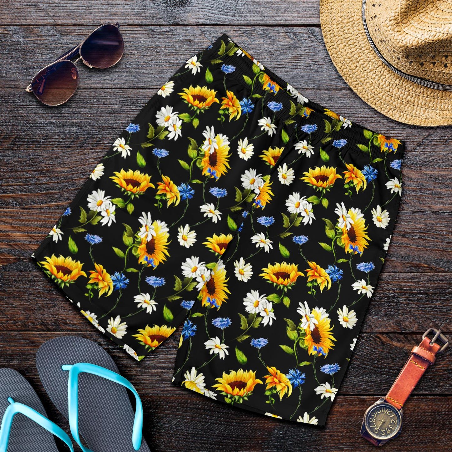 Sunflower Chamomile Bright Color Print Mens Shorts-JTAMIGO.COM