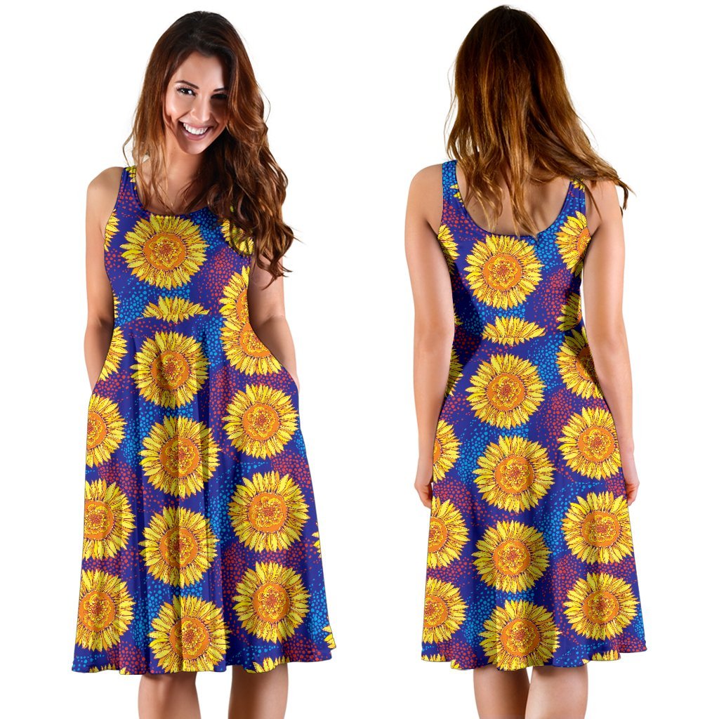 Sunflower Hand Drawn Style Print Sleeveless Dress