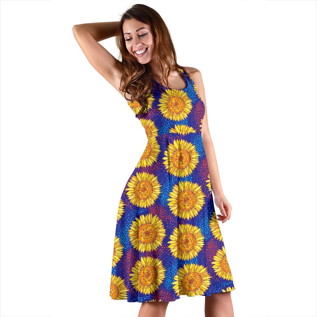 Sunflower Hand Drawn Style Print Sleeveless Dress