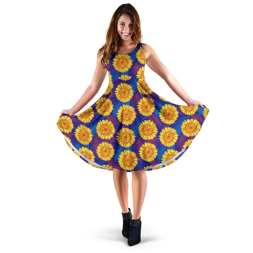 Sunflower Hand Drawn Style Print Sleeveless Dress