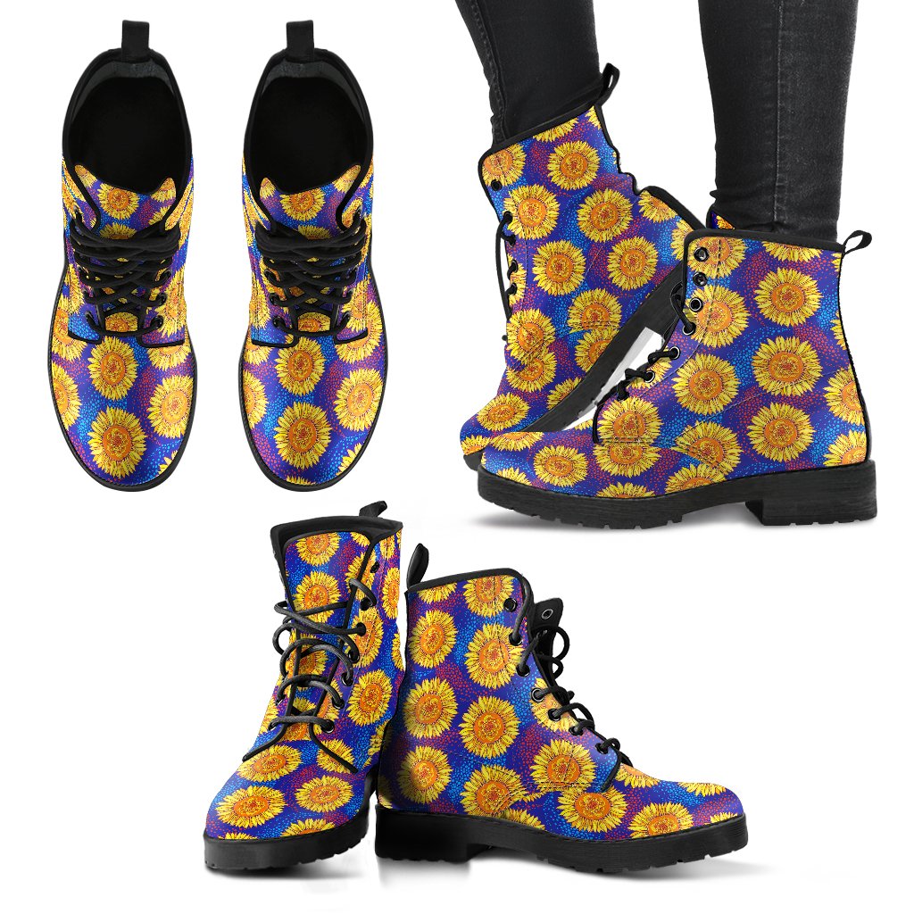 Sunflower Hand Drawn Style Print Women Leather Boots-JTAMIGO.COM