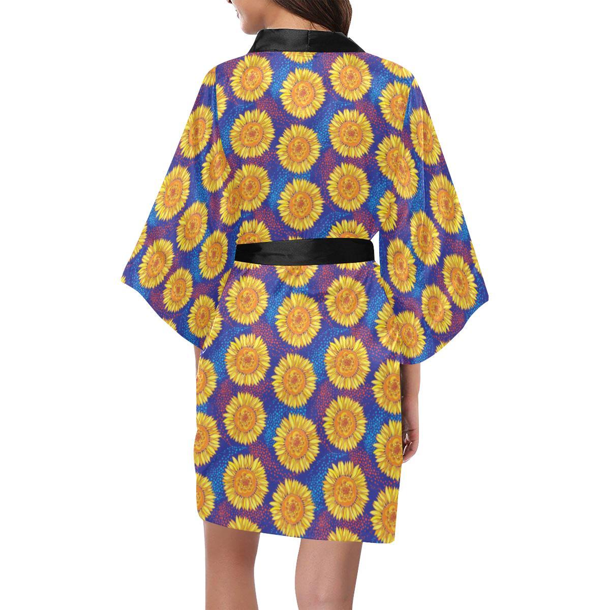 Sunflower Hand Drawn Style Print Women Short Kimono Robe