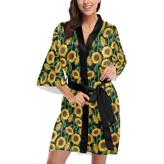 Sunflower Realistic Print Pattern Women Short Kimono Robe