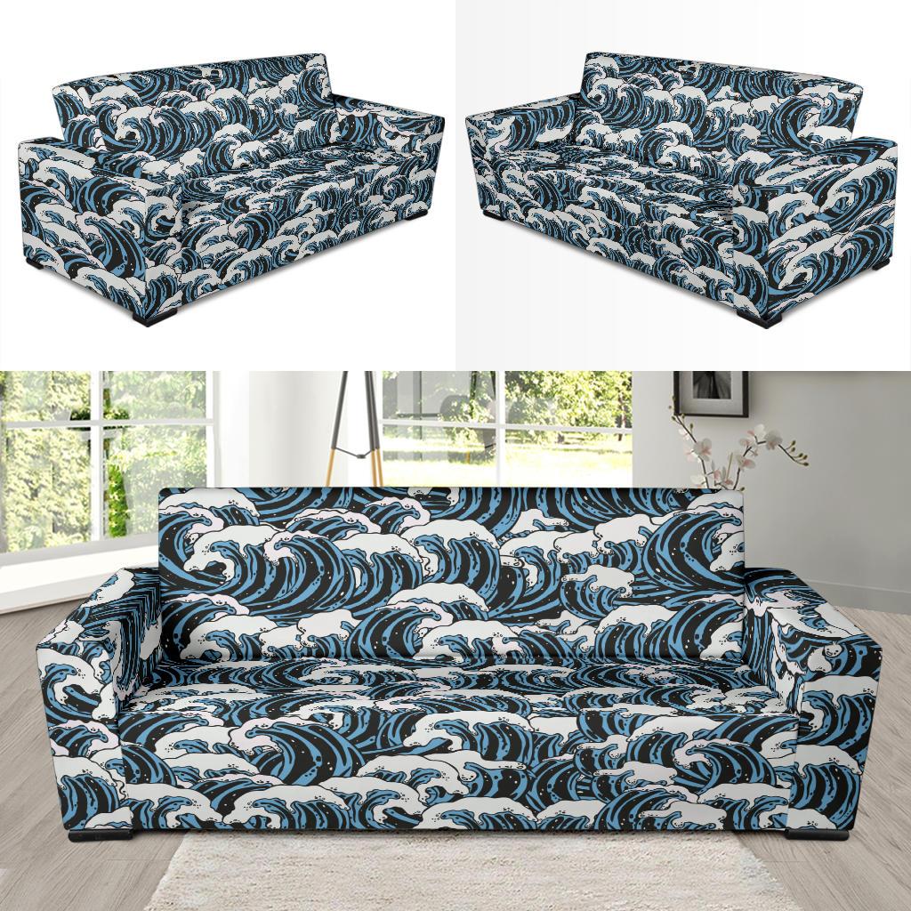 Surf Wave Pattern Print Sofa Slipcover-JTAMIGO.COM