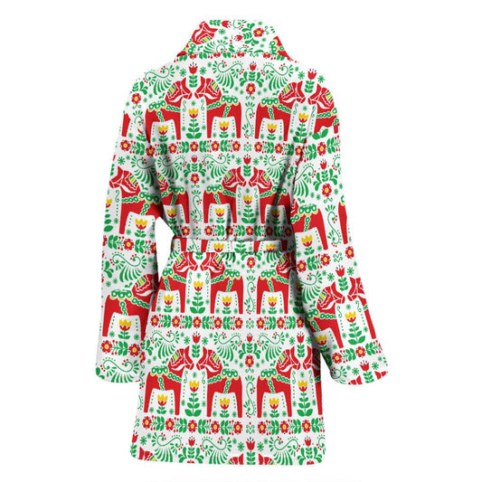 Swedish Dala Style Pattern Women Bath Robe-JTAMIGO.COM