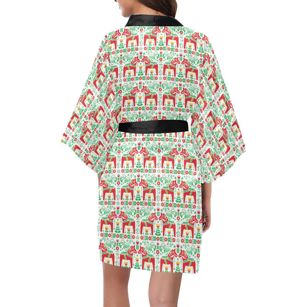 Swedish Dala Style Pattern Women Short Kimono Robe