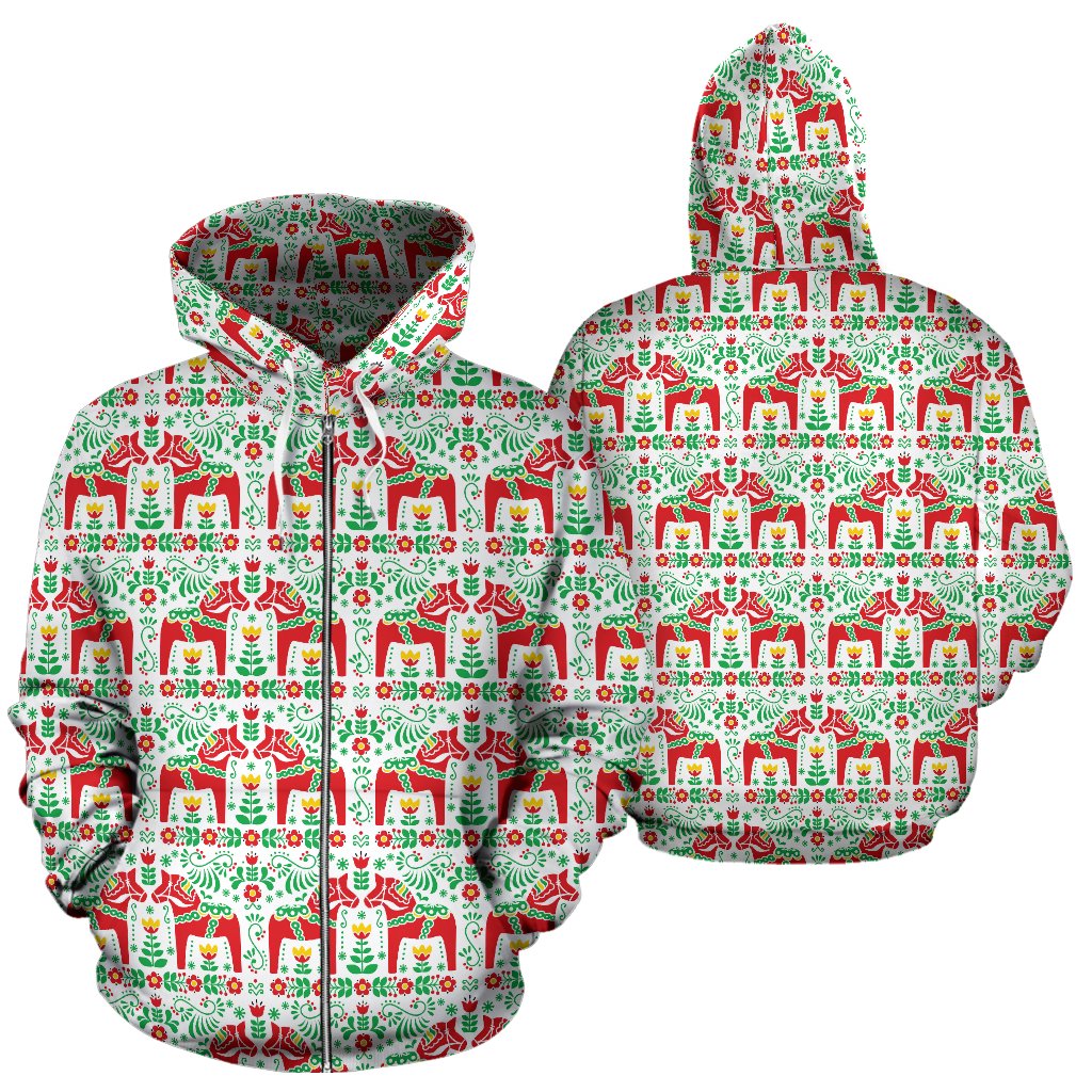 Swedish Dala Style Pattern Zip Up Hoodie