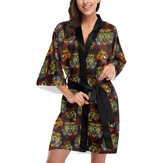 Tattoo Tiger Colorful Design Women Short Kimono Robe
