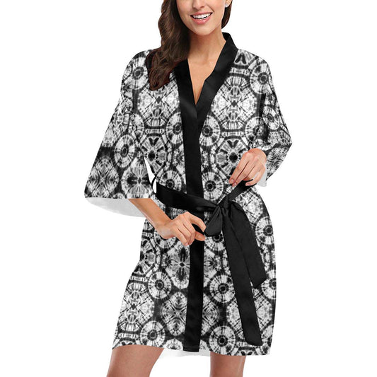 Tie Dye Black White Design Print Women Short Kimono Robe