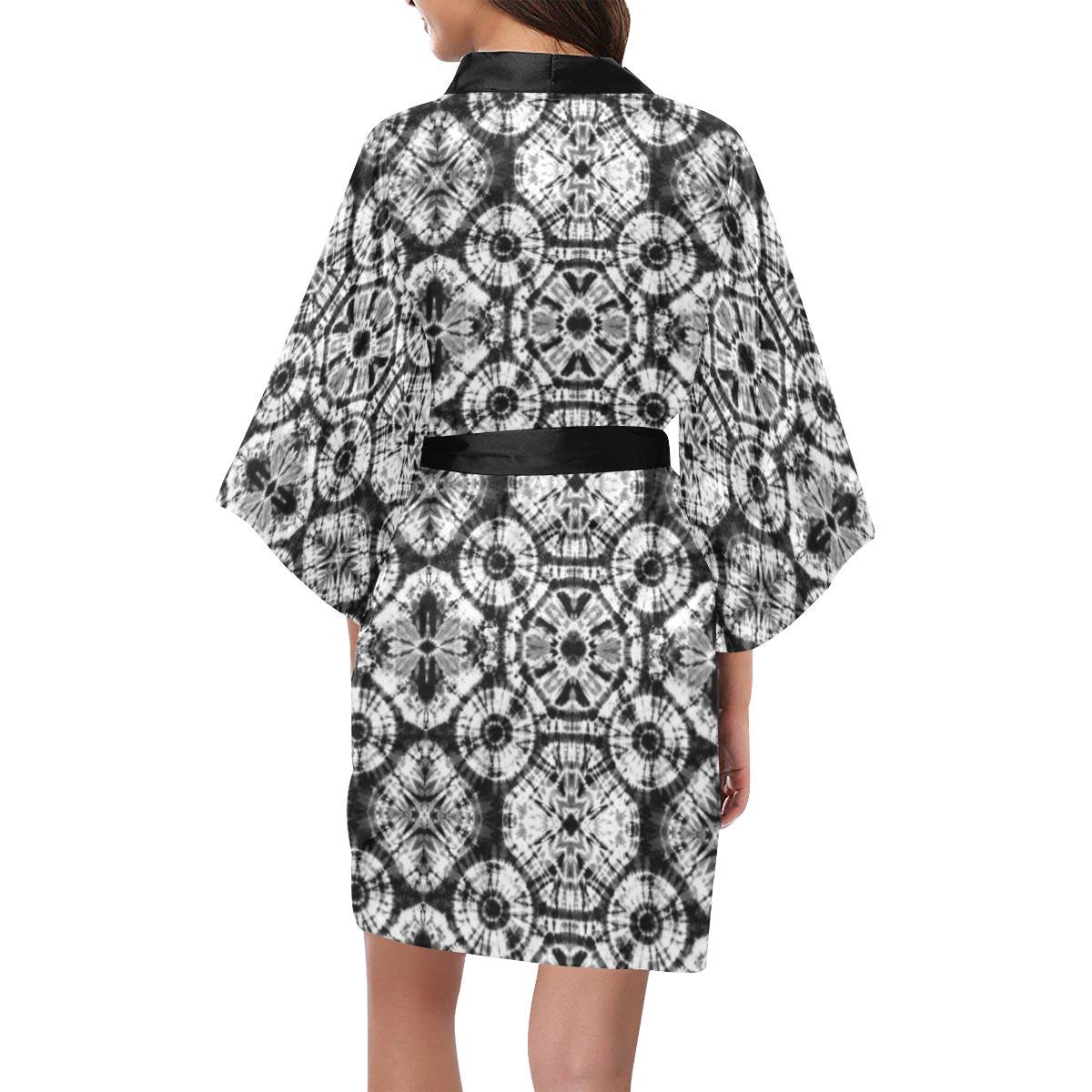 Tie Dye Black White Design Print Women Short Kimono Robe