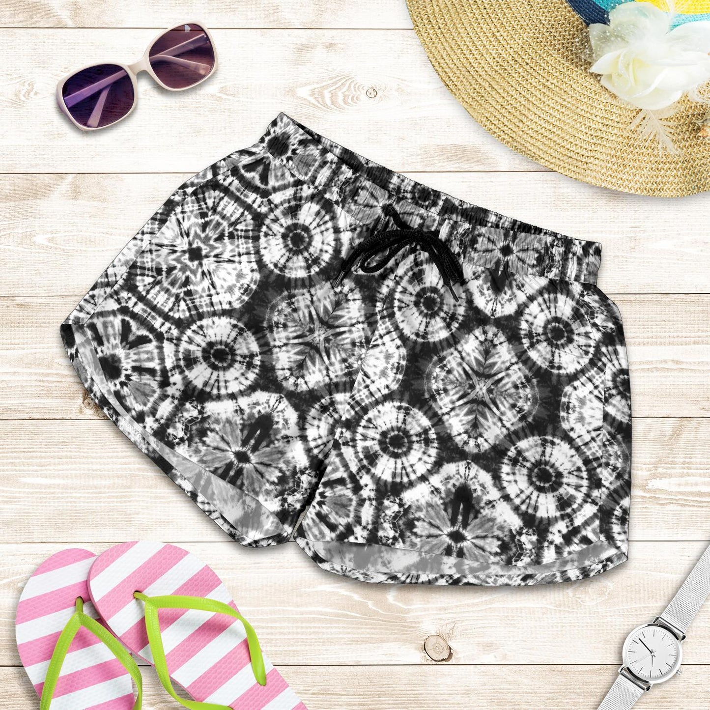 Tie Dye Black White Design Print Women Shorts-JTAMIGO.COM