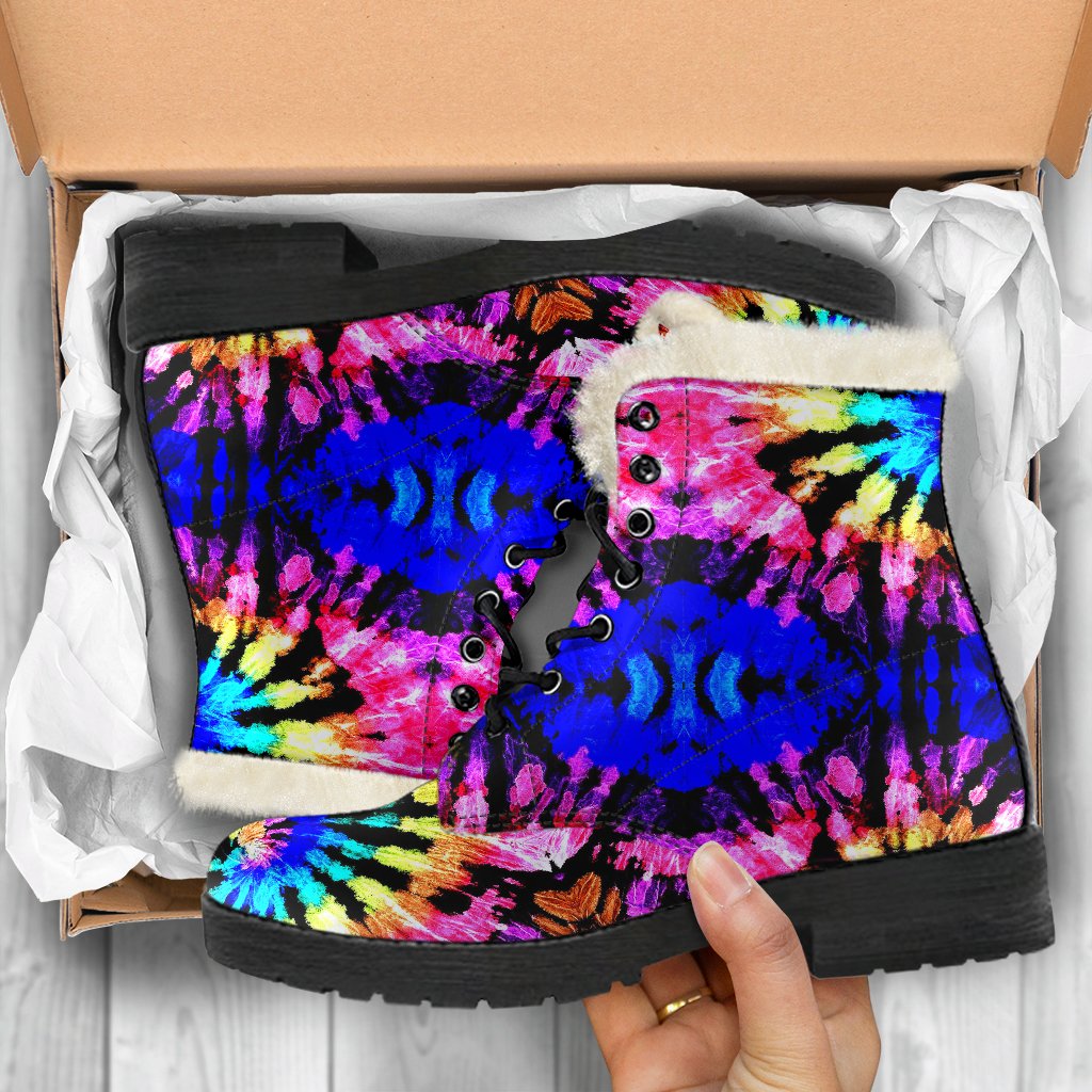 Tie Dye Rainbow Design Print Faux Fur Leather Boots-JTAMIGO.COM