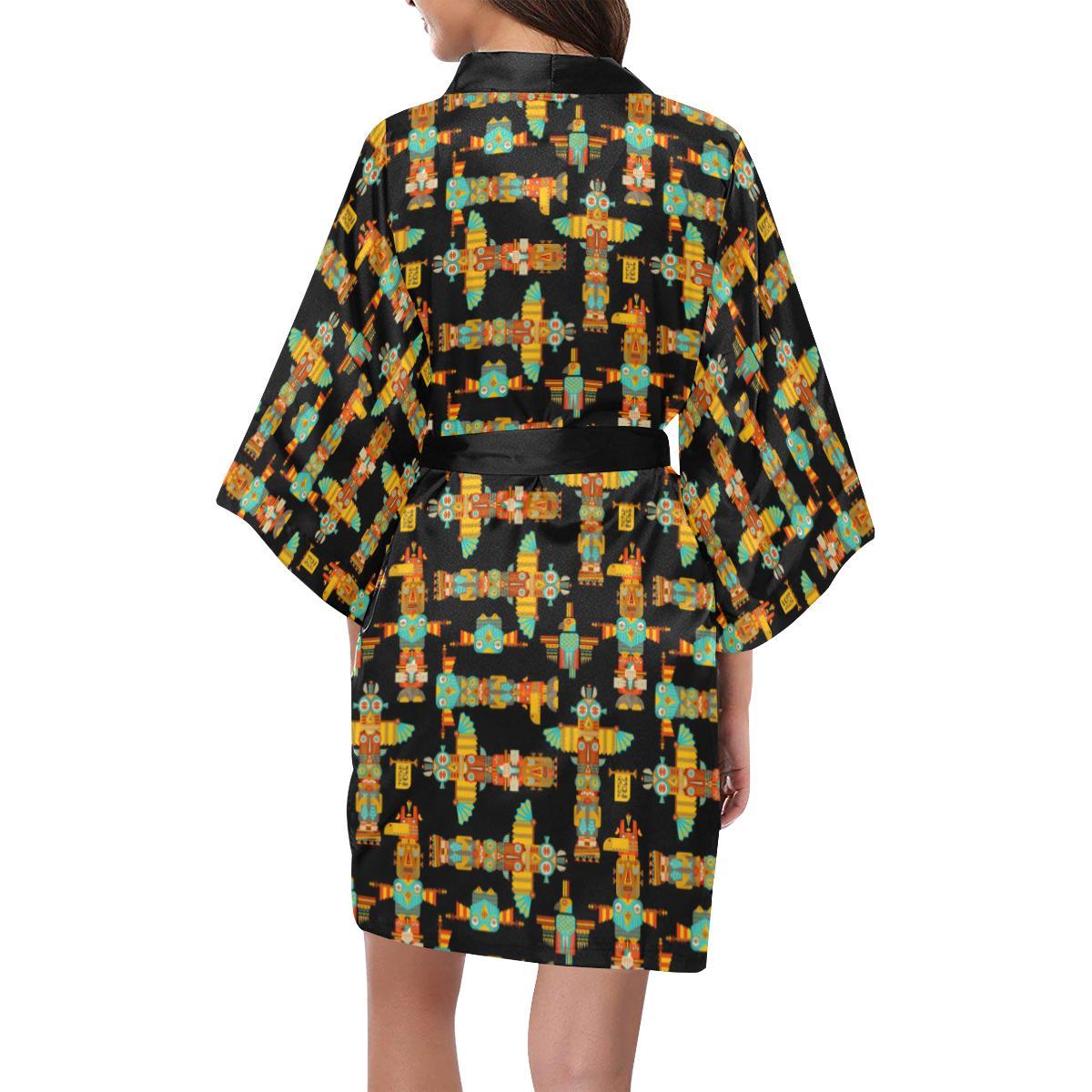Totem Pole Cartoon Print Women Short Kimono Robe