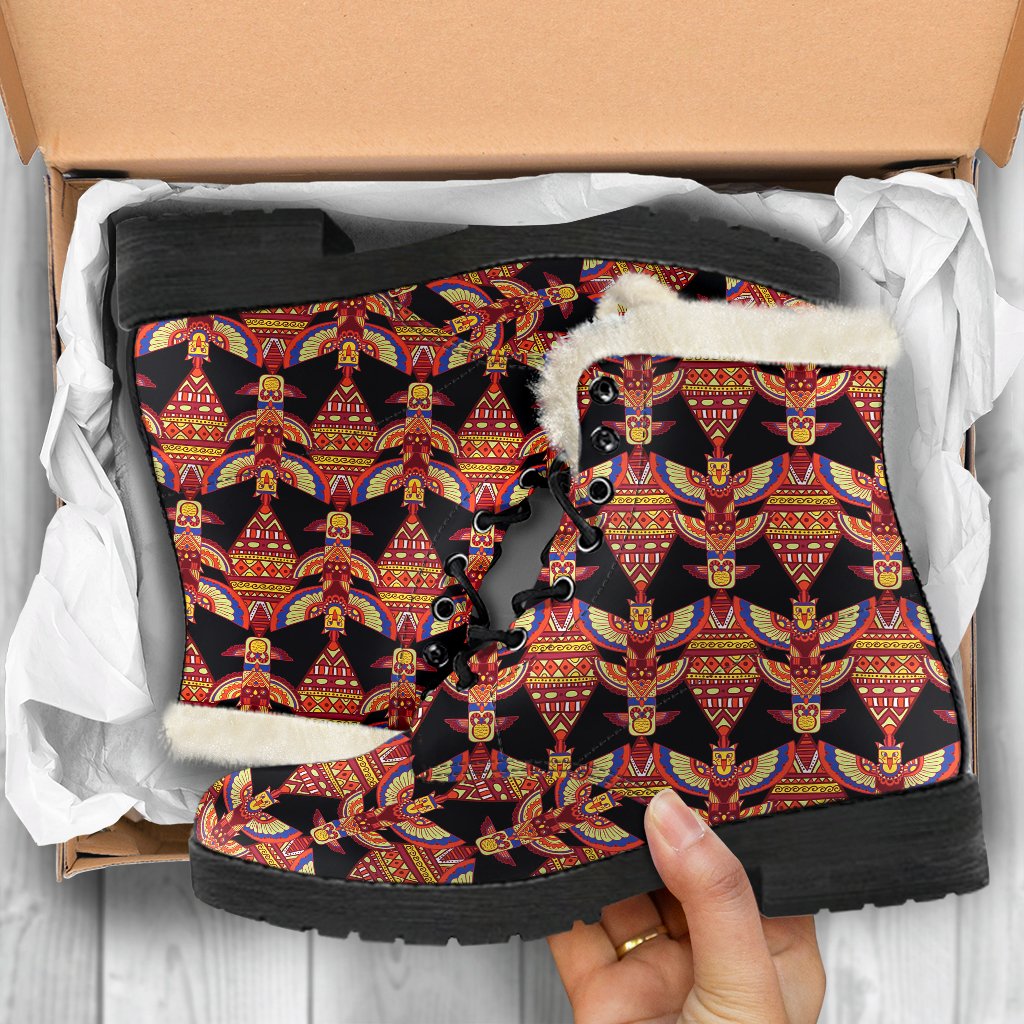 Totem Pole Print Faux Fur Leather Boots-JTAMIGO.COM