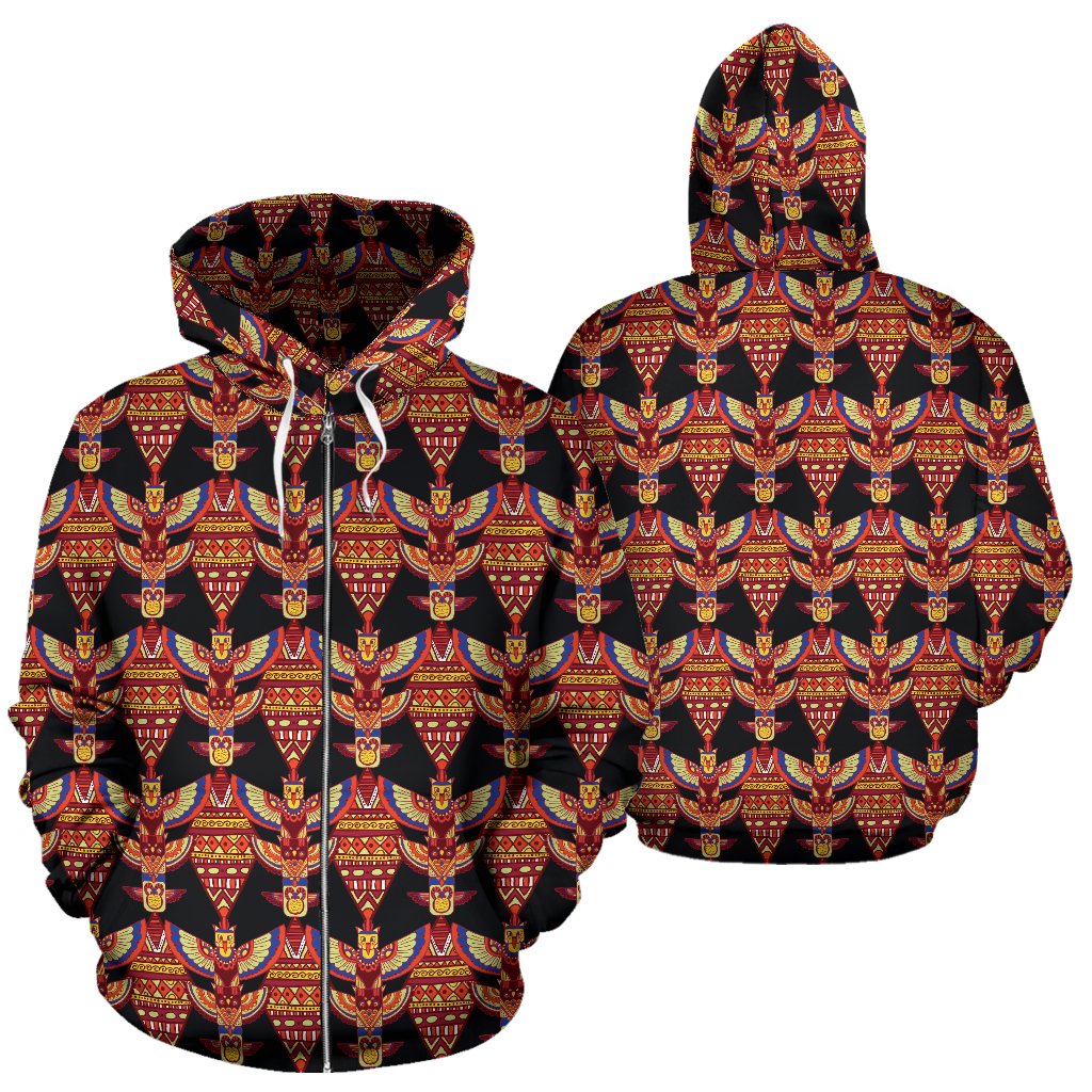 Totem Pole Print Zip Up Hoodie