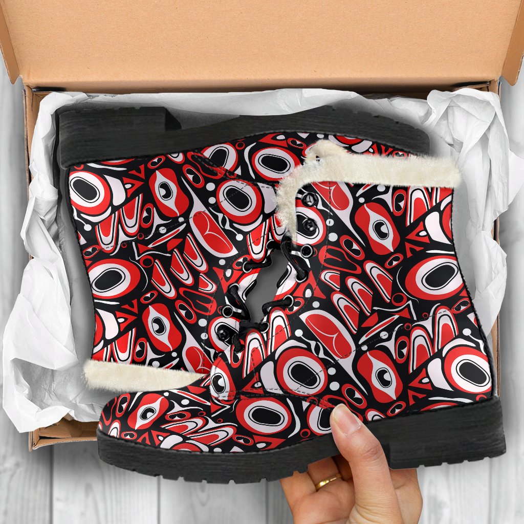 Totem Pole Texture Design Faux Fur Leather Boots-JTAMIGO.COM