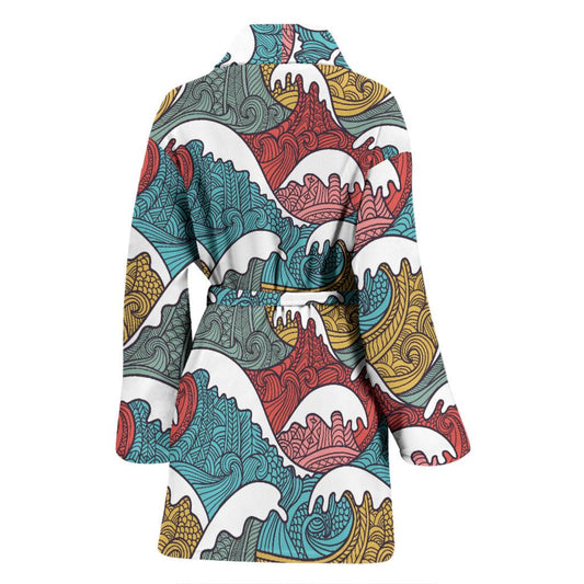 Tribal Wave Pattern Print Women Bath Robe-JTAMIGO.COM