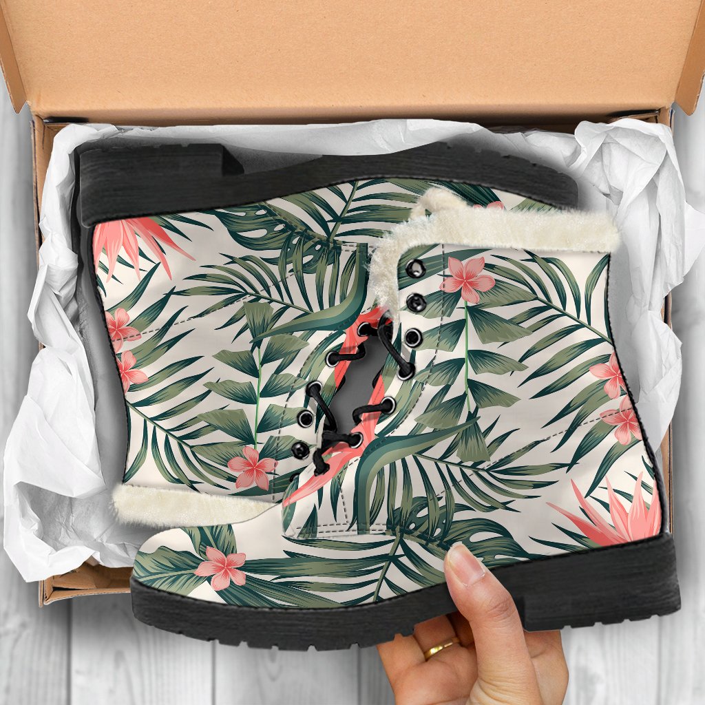 Tropical Flower Palm Leaves Faux Fur Leather Boots-JTAMIGO.COM