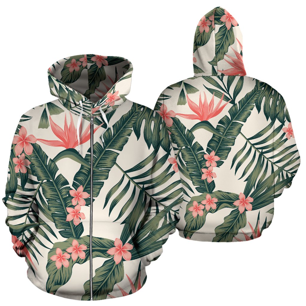 Tropical Flower Palm Leaves Zip Up Hoodie