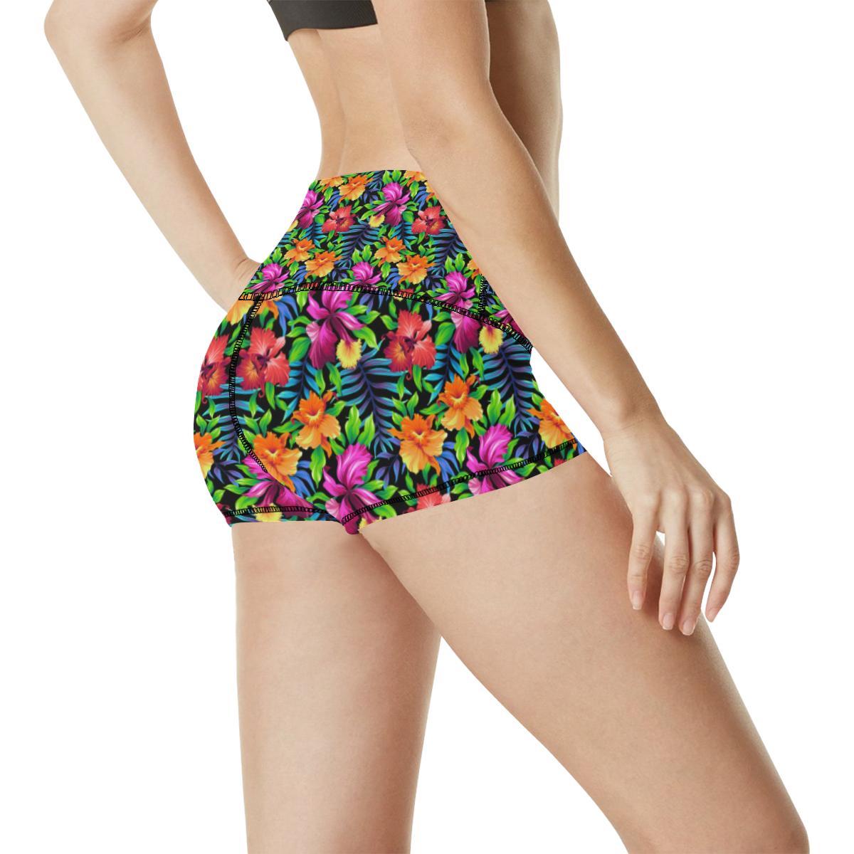 Tropical Folower Colorful Print High Waisted Spandex Shorts-JTAMIGO.COM