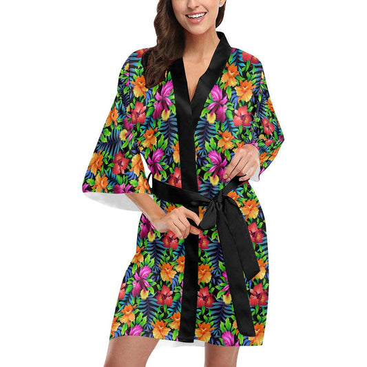 Tropical Folower Colorful Print Women Short Kimono Robe