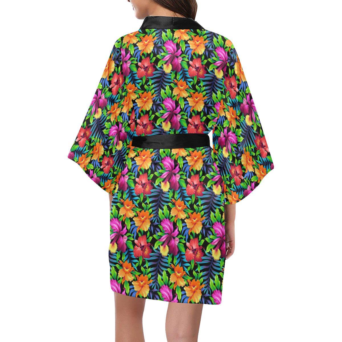 Tropical Folower Colorful Print Women Short Kimono Robe