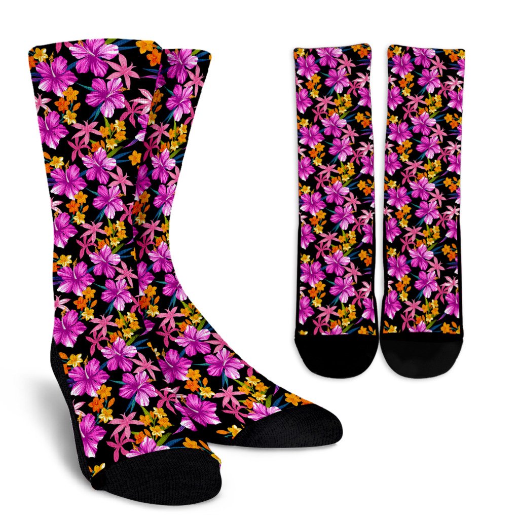 Tropical Folower Pink Hibiscus Print Crew Socks