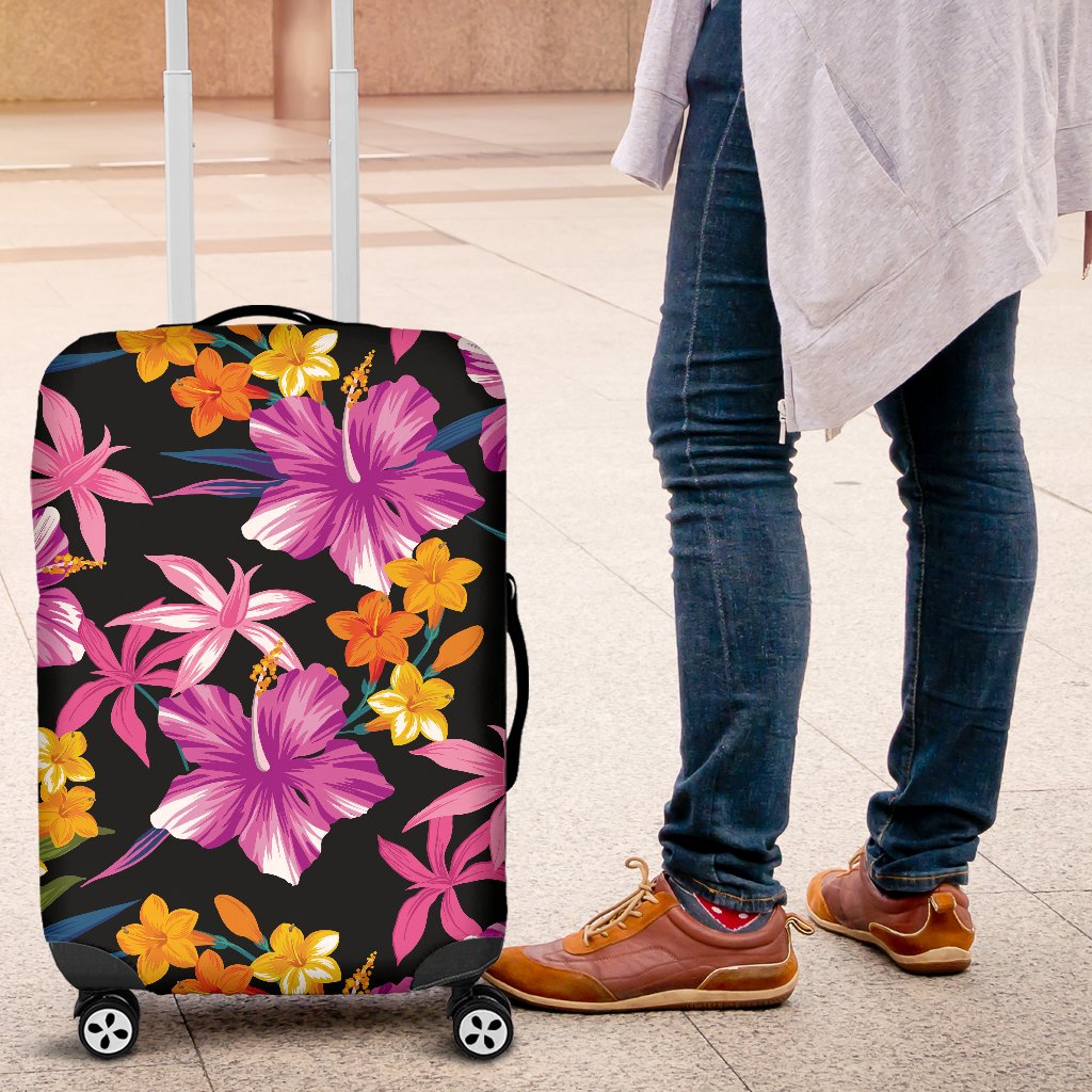 Tropical Folower Pink Hibiscus Print Luggage Cover Protector