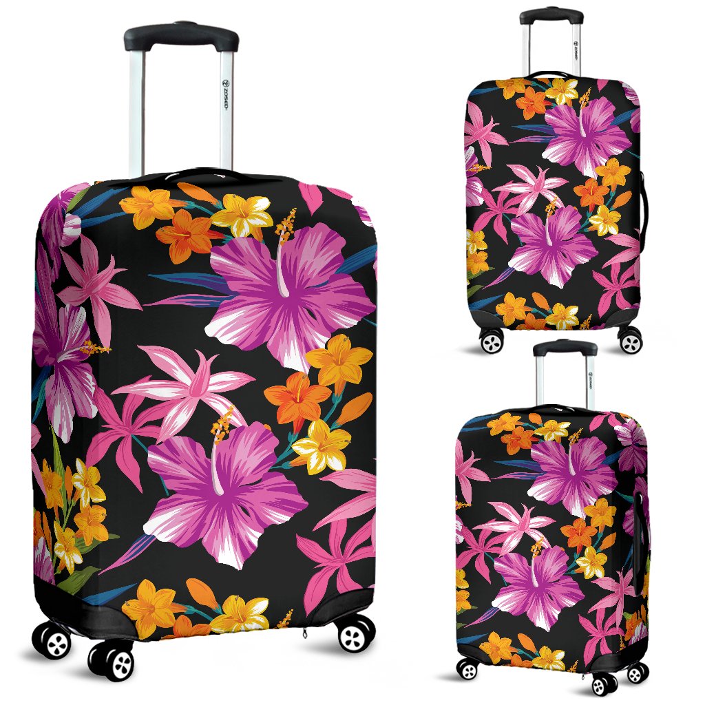 Tropical Folower Pink Hibiscus Print Luggage Cover Protector