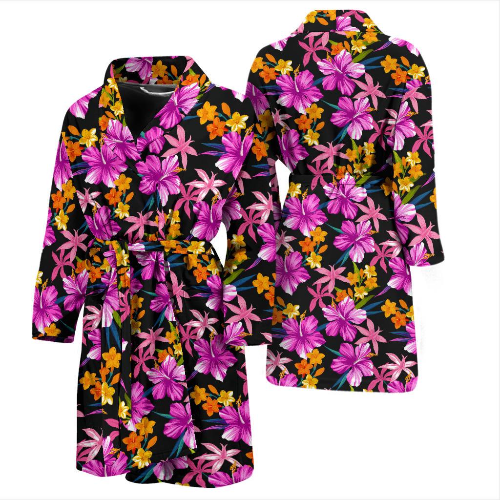Tropical Folower Pink Hibiscus Print Men Bath Robe-JTAMIGO.COM