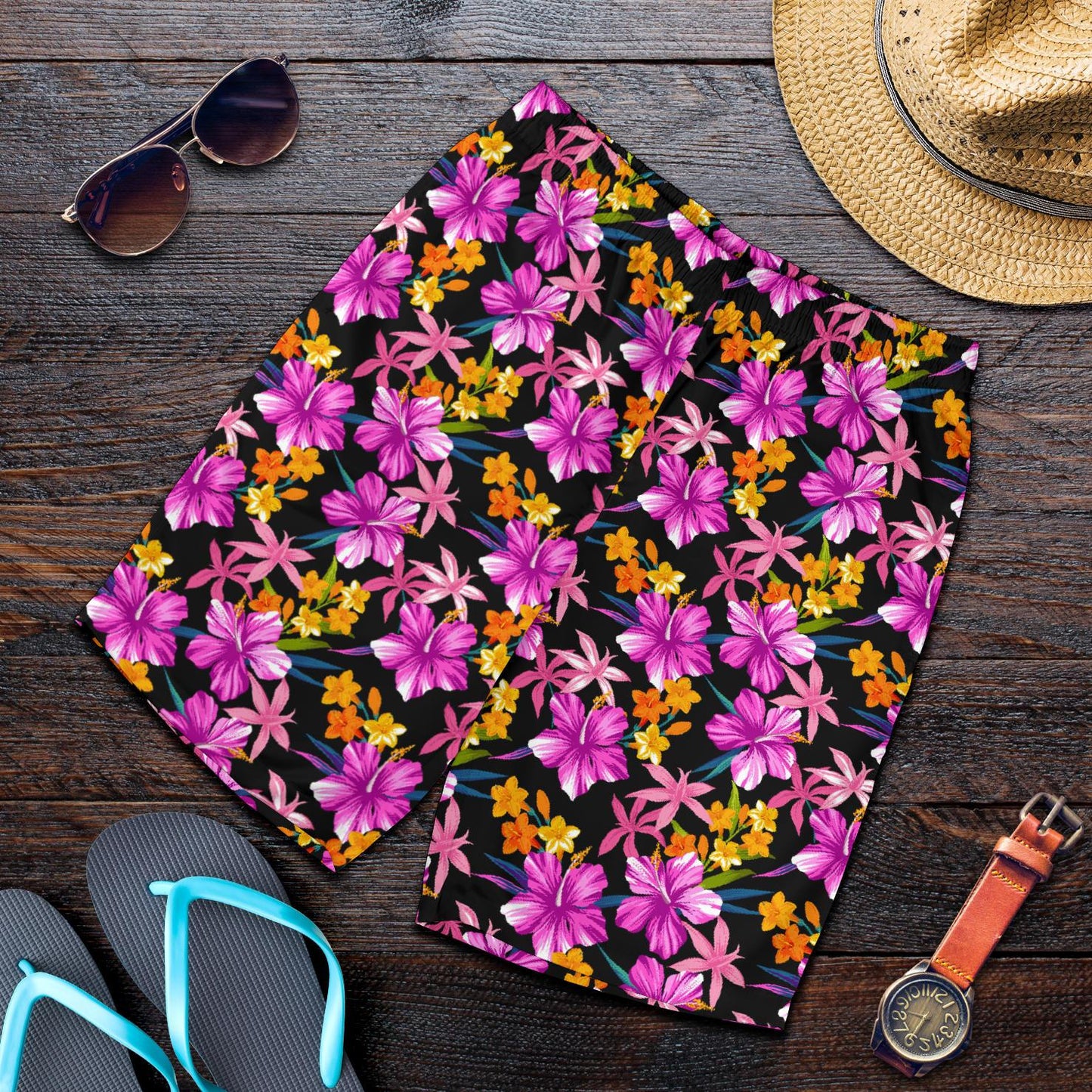 Tropical Folower Pink Hibiscus Print Mens Shorts-JTAMIGO.COM