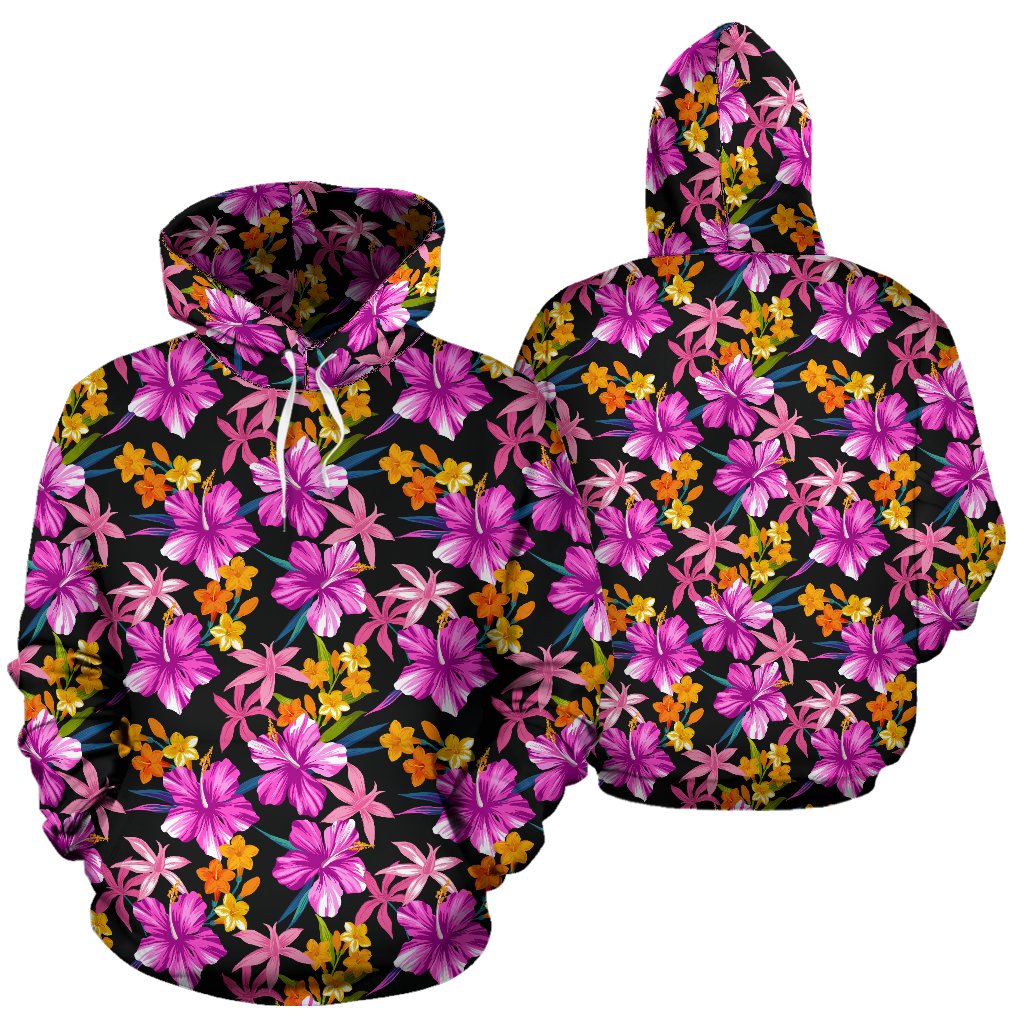 Tropical Folower Pink Hibiscus Print Pullover Hoodie