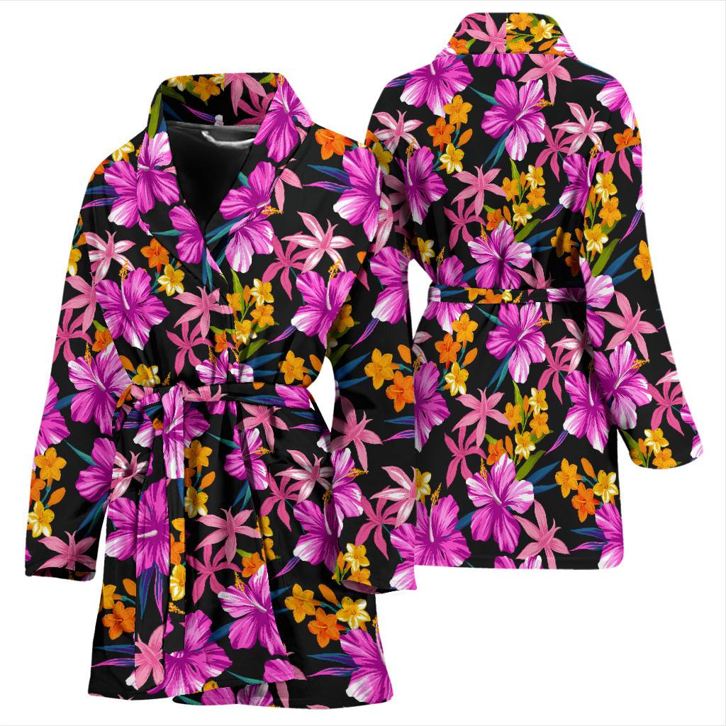 Tropical Folower Pink Hibiscus Print Women Bath Robe-JTAMIGO.COM