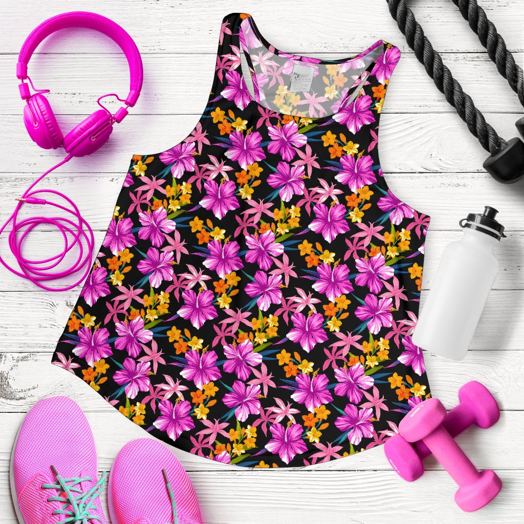 Tropical Folower Pink Hibiscus Print Women Racerback Tank Top