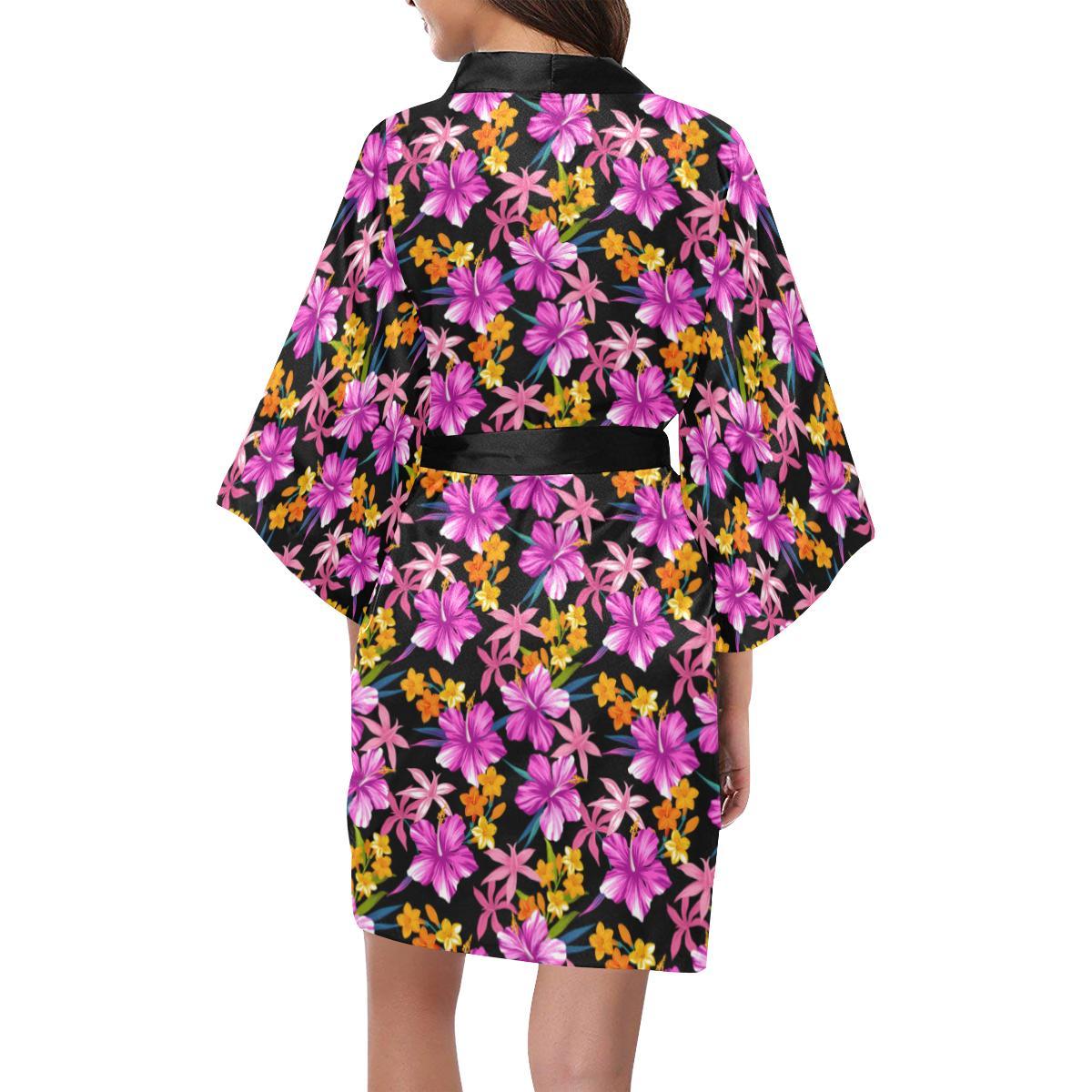 Tropical Folower Pink Hibiscus Print Women Short Kimono Robe