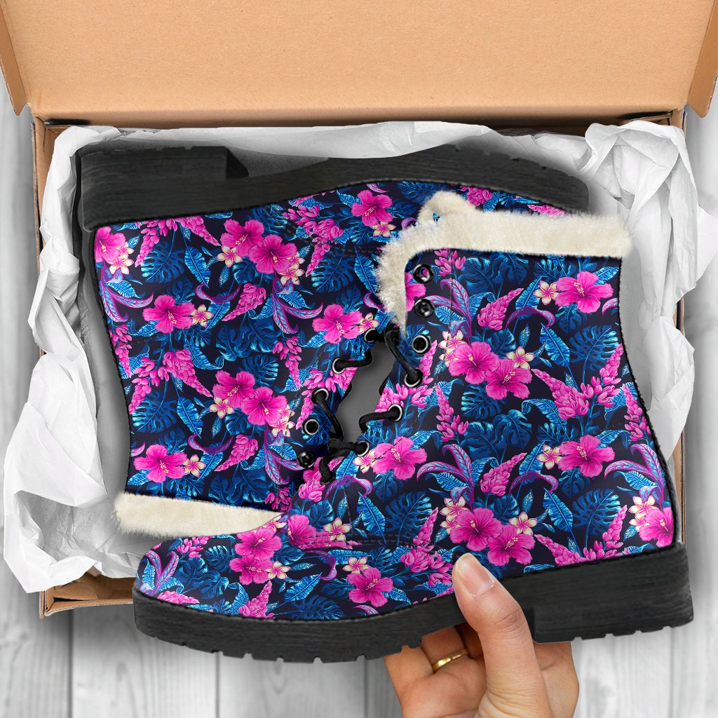 Tropical Folower Pink Themed Print Faux Fur Leather Boots-JTAMIGO.COM